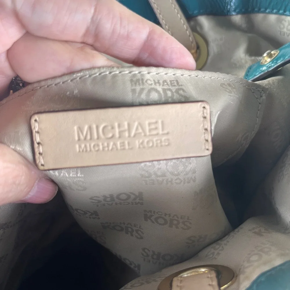 Michael Kors Large Teal Patent Embossed Logo Tote Shoulder Bag Gold Hardware